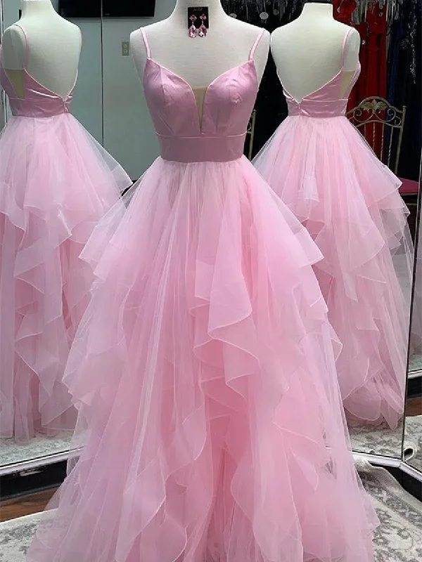 Mega Sales Princess V Neck Backless Pink Prom Dresses, Backless Pink Formal Dresses, Fluffy Pink Evening Dresses, Pink Ball Gown