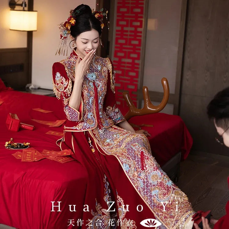 Inspired By You, Designed For You Luxury Velour Xiuhe Suit Chinese Trend Wedding Dress Show Quality East Asian Bridal Dress Modern Improved Traditional Apparel