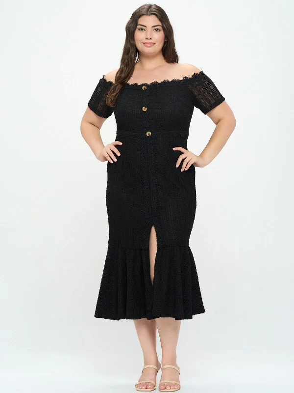 Hurry Before It's Gone PLUS SIZE OFF SHOULDER BUTTONS FRONT SLIT KNITTED MIDI DRESS