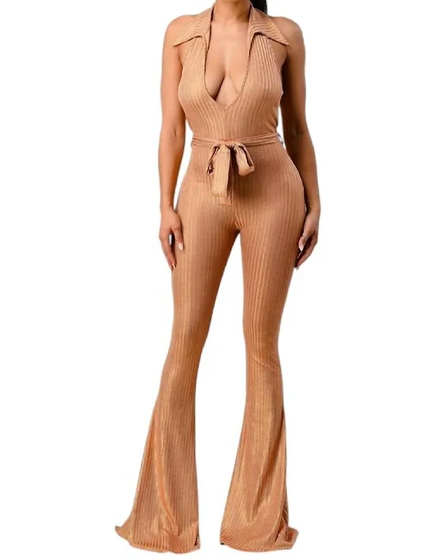 Limited Time Offer Lurex Rib Deep V-Line Disco Jumpsuit In Gold