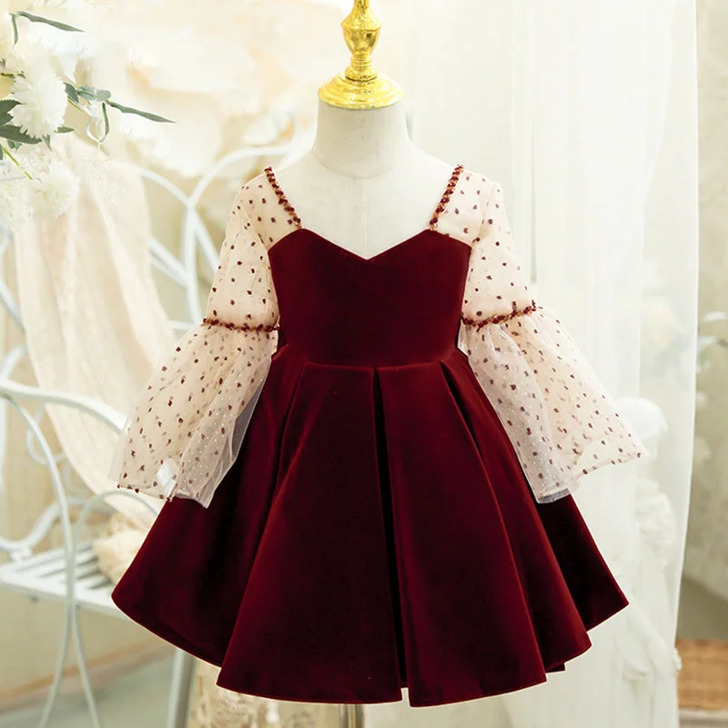 Trend Setting Wardrobe Toddler Ball Gowns Girl Wine Red Polka Dot Trumpet Sleeve Velvet Princess Dress