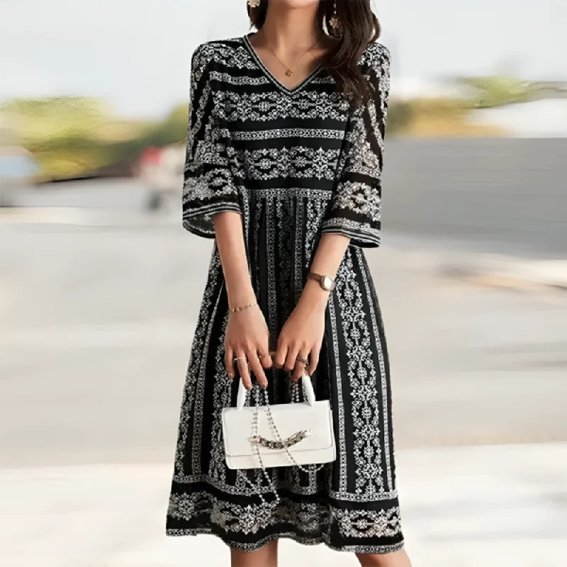 Casual Weekend Relaxed Style Noble 3/4 Sleeve Print Midi Dress