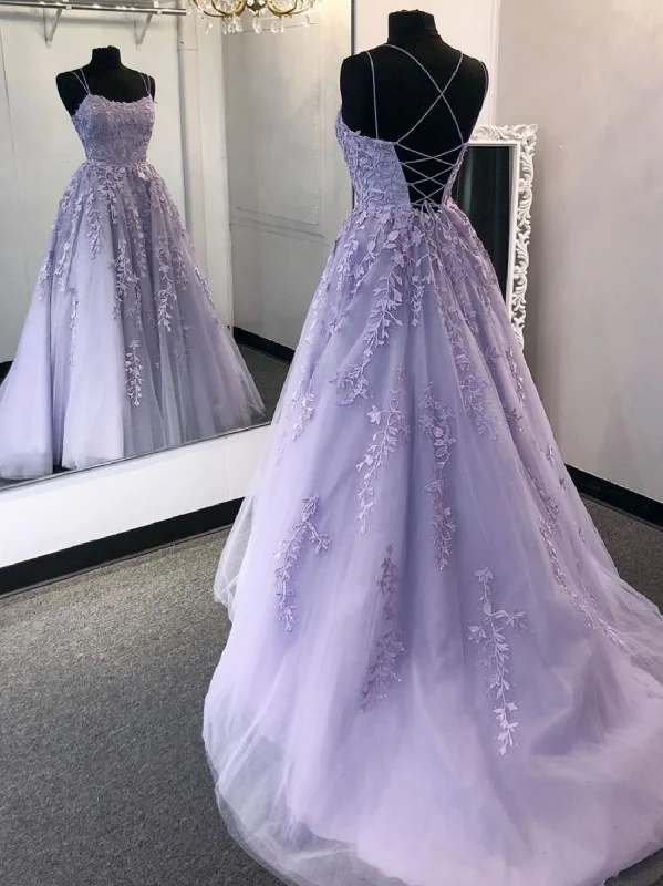 Gift Ideas Stylish Backless Purple Lace Long Prom Dresses, Purple Lace Formal Dresses, Purple Evening Dresses, Ball Gown