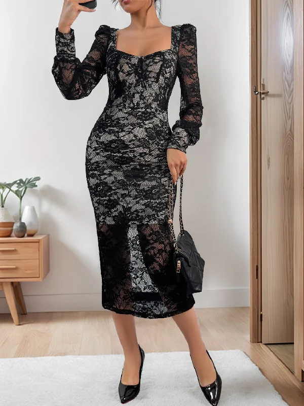 Shop Our Looks Perfee Lace Sweetheart Neck Long Sleeve Midi Dress