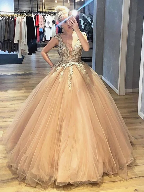 Bid Farewell To The Old Season V Neck Lace Champagne Prom Dresses, Lace Champagne Formal Dresses, Champagne Evening Dresses, Ball Gown