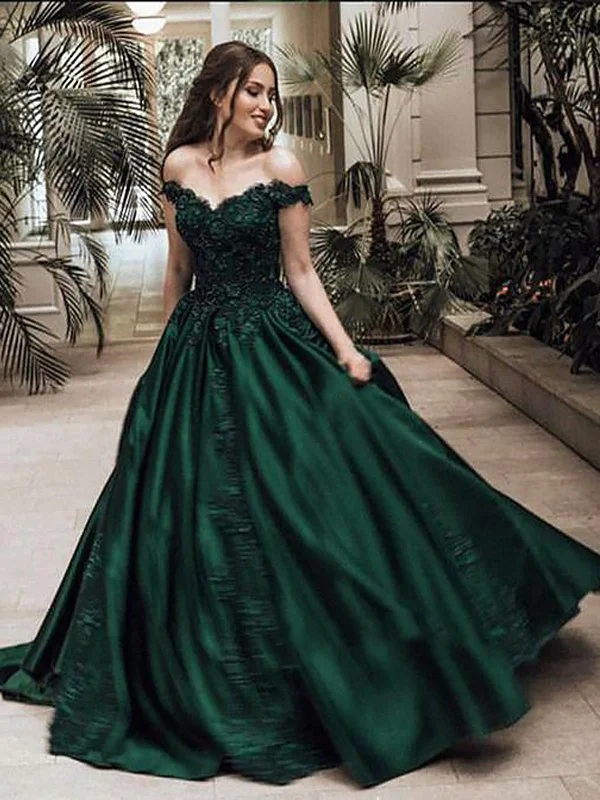 Big Discounts Off Shoulder Lace Green Prom Dress, Green Ball Gown, Off Shoulder Dark Green Evening Dress