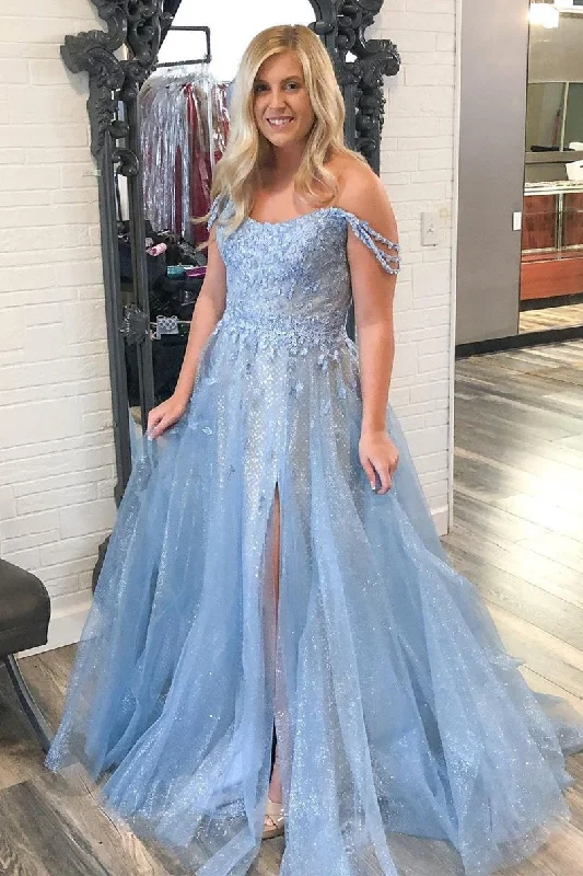 Early Access To Art Deco Styles Sale Off the Shoulder Light Blue Appliques Tulle Long Prom Gown