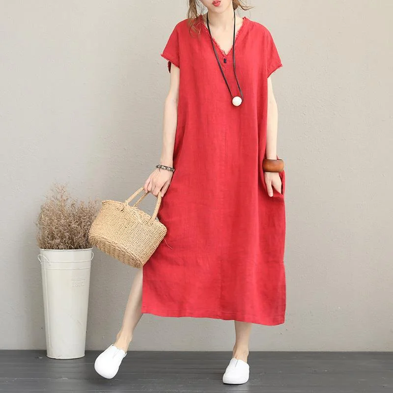 Minimalist Chic 2018 red natural cotton dress casual v neck traveling dress Elegant side open maxi dresses