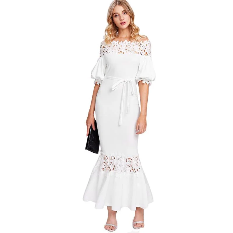 Elevated Style White Lace Off  Shoulder Maxi Dress