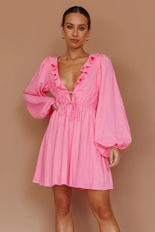 Exclusive Designer Collection Carnivale Balloon Sleeve Ruffle Mini Dress Pink