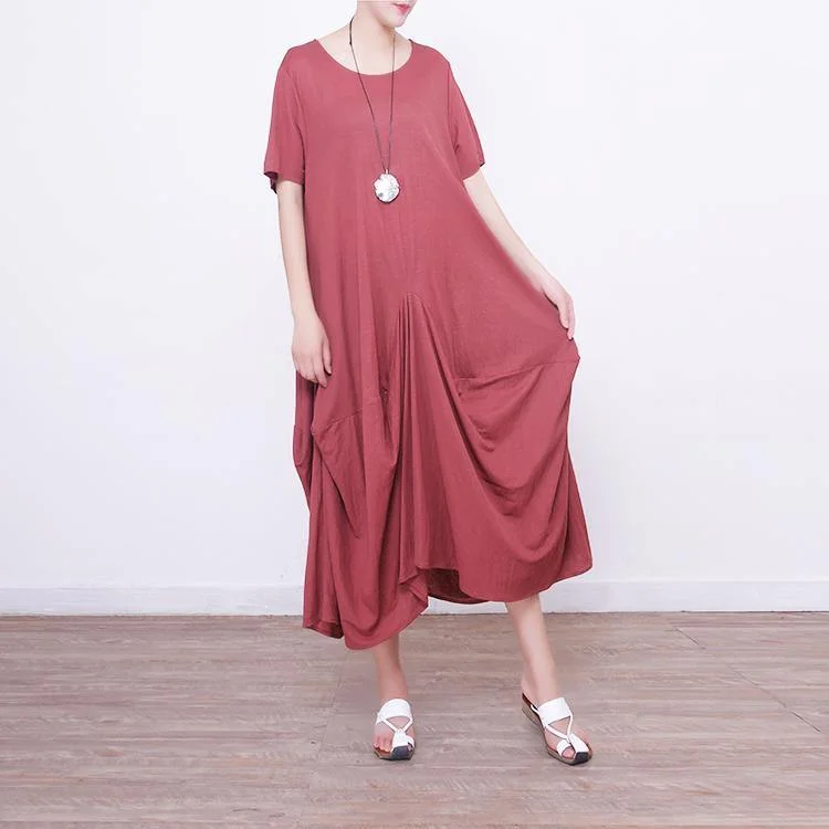 Soft Textures 2018 red linen dress oversize short sleeve traveling dress vintage asymmetric maxi dresses