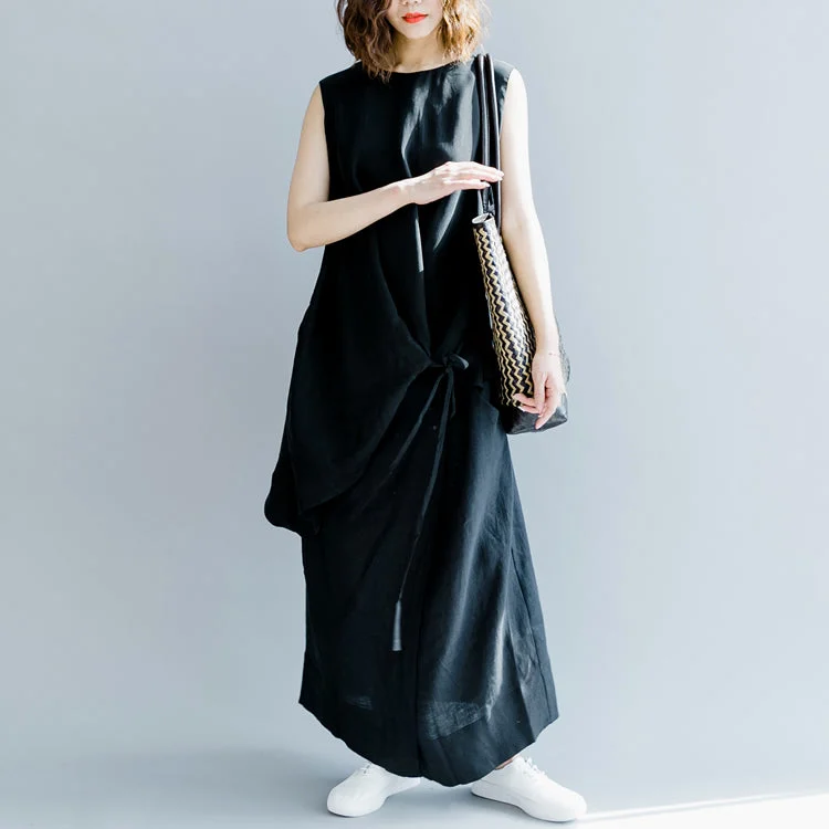 Exquisite Craftsmanship Elegant dark gray linen maxi dress oversized O neck baggy dresses linen clothing dress casual Sleeveless tie waist caftans