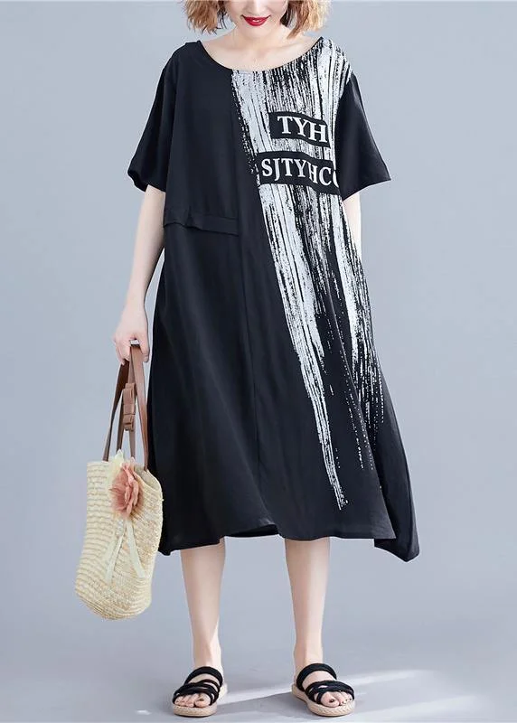 Timeless Elegance Handmade o neck pockets cotton dresses black print Maxi Dresses summer