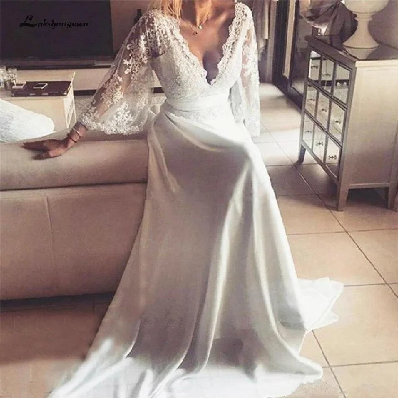 Dive Into Trendy Styles Roycebridal Bohemian Wedding Dresses Illusion Lace Bridal Gown Backless Long Sleeve Deep V Neck Boho Chiffon Plus Size Beach Bridal Dress