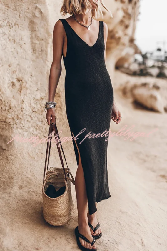 Festival Fashion Vacation Breeze Knit Slit Loose Tank Midi Dress