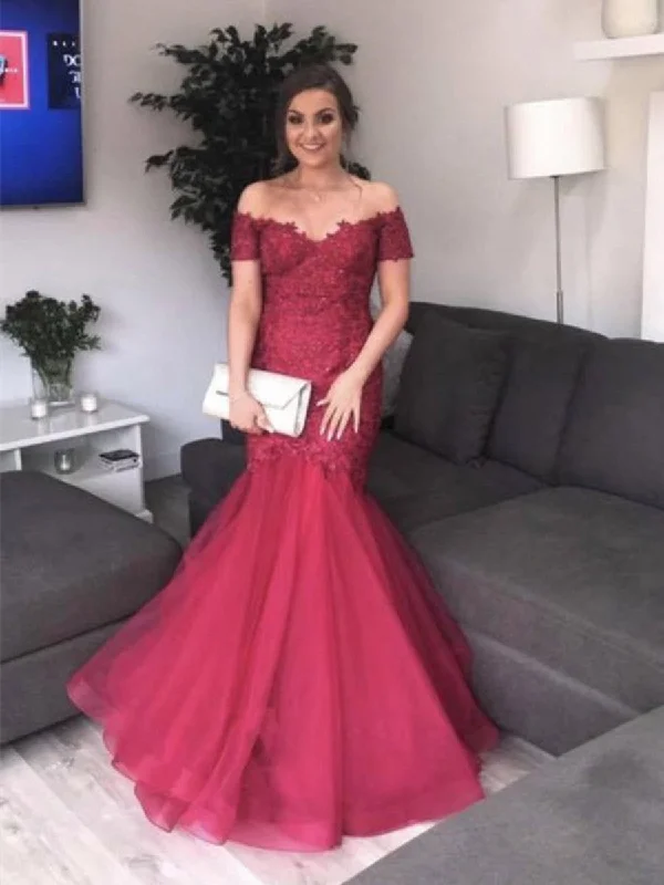 Crazy Price Slashing Burgundy Off Shoulder Mermaid Lace Tulle Long Prom Dresses, Burgundy Mermaid Formal Dresses, Ball Gown, Evening Dresses