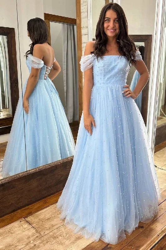 Feminine Soft - Hued Look Light Blue Tulle Pearls Off-the-Shoulder Lace-Up A-Line Prom Gown