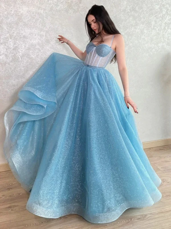 Attire Sale Shiny Tulle Light Blue Long Prom Dresses, Sparkly Blue Formal Evening Dresses, Blue Ball Gown SP2541