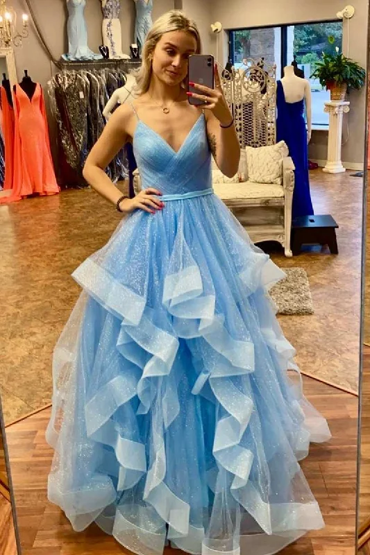 Great Deals On Ethnic Cultural Wear Blue Tulle Surplice Neck Multi-Tiered A-Line Prom Gown