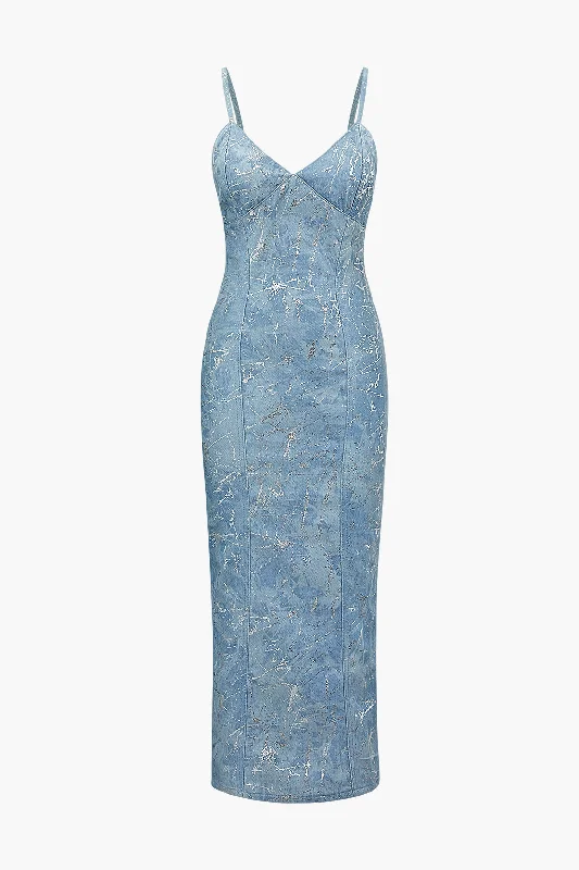 Mid Season Sale V-neck Denim Slip Midi Dress