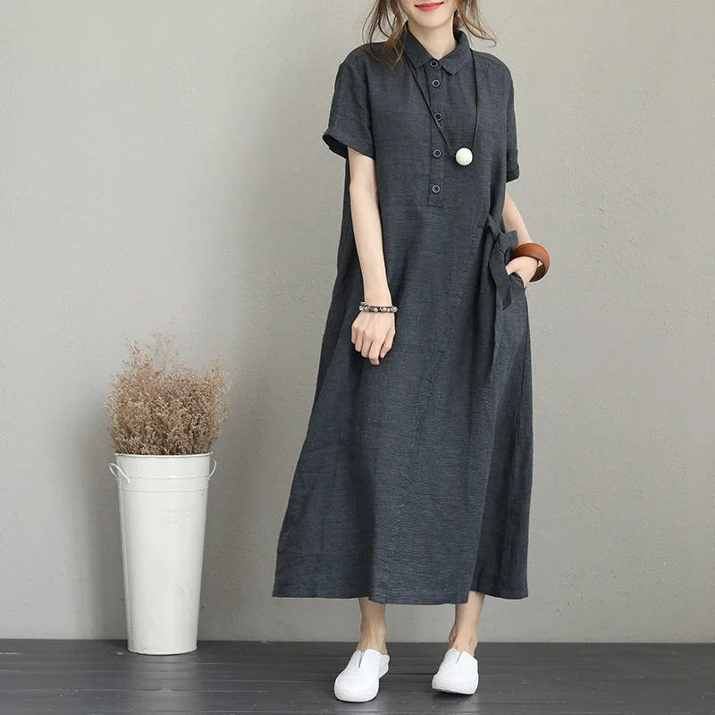 Urban Sophistication baggy dark gray long linen dresses casual side tie waist maxi dress Elegant lapel collar linen caftans