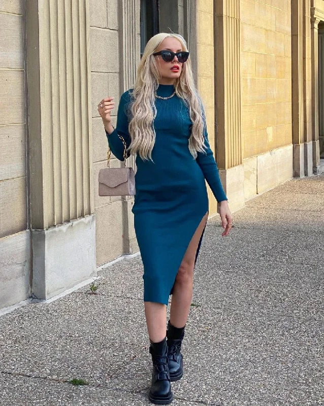 Limited Time Offer ZESICA Long Sleeve Mock Neck Ribbed Knit Slit Midi Dress