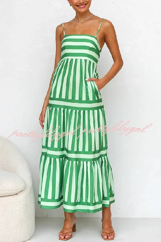 Casual Fashion Beachy Dreams Striped Print Back Smocked Pocket A-line Slip Midi Dress