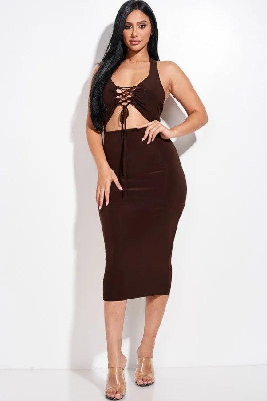 Big Savings Solid Halter Neck Midi Dress With Criss Cross Front And Cutout