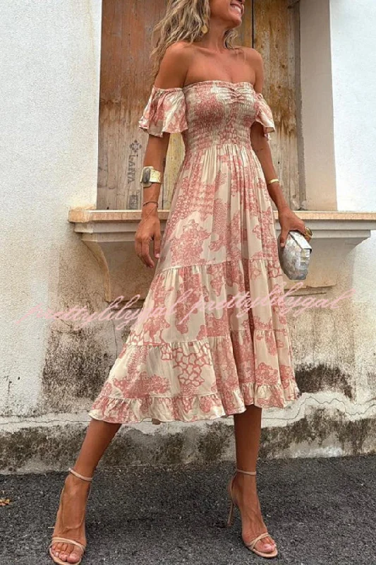 Graceful Fashion Pitaya Unique Print Off Shoulder Smocked Ruffle Sleeve Layered Midi Dress