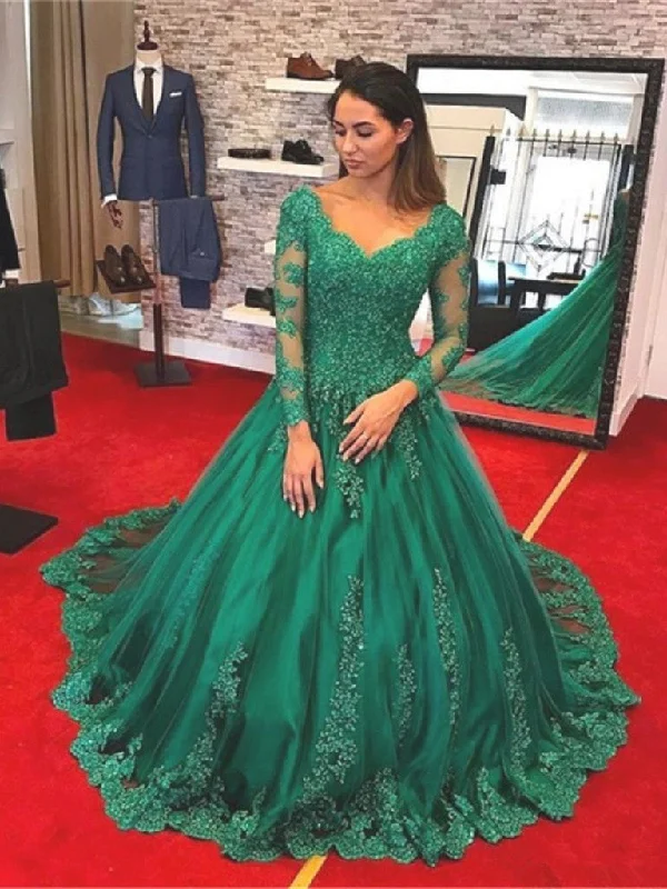 Hot Brand Discounts Long Sleeves Green Lace Prom Dresses With Beadings, Green Ball Gown, Formal Dresses