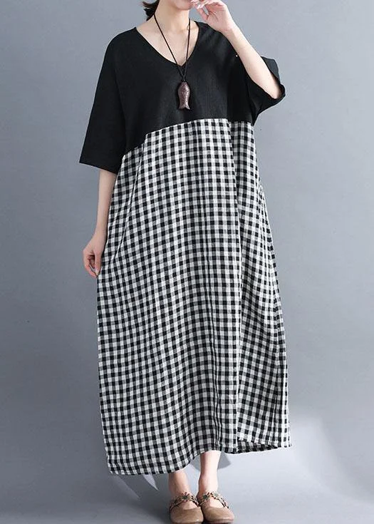 Everyday Fashion Loose v neck cotton clothes Women Shirts black patchwork Maxi Dresses summer