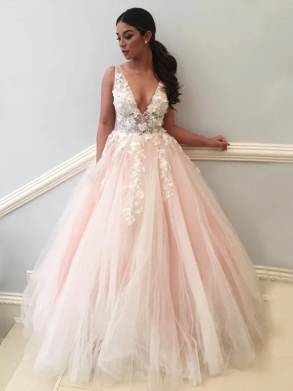 Seasonal Picks Pink V Neck Backless Lace Appliques Tulle Long Prom Dresses, V Neck Pink Lace Ball Gown, Pink Formal Dresses, Pink Lace Evening Dresses