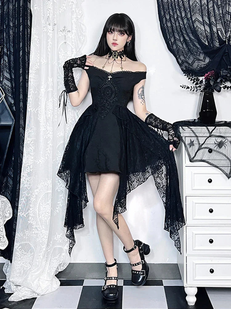 Unleash Your Fashion Gothic Ball Corsets Folds Shoulder Off Aesthetic Black Vintage Harajuku Women Grunge A-Line Gown Partywear Dress