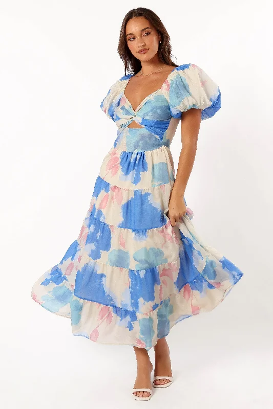 Vintage Retro Party Wear Davis Midi Dress - Blue Floral