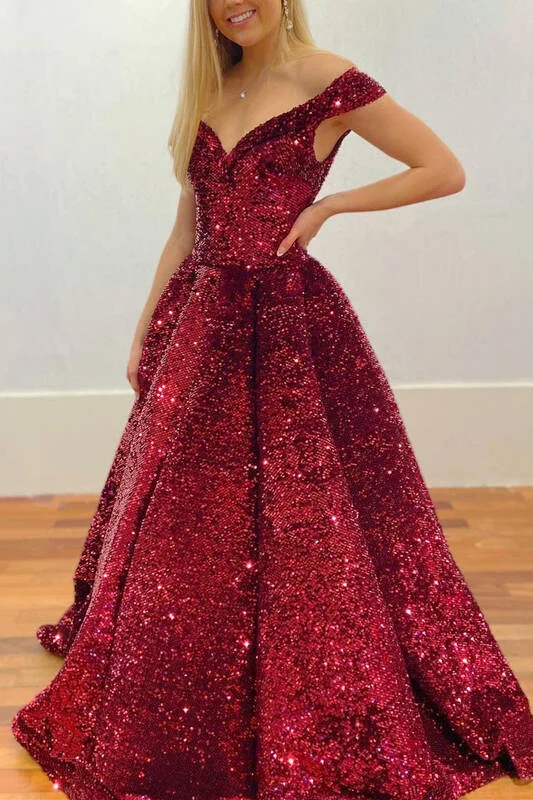 Pastel Styles Sparkle Off the Shoulder Burgundy Sequined Long Ball Gown