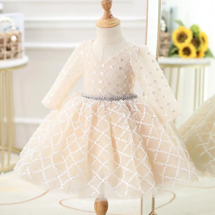 Catch Every Fashion Trend Toddler ball Gowns Girl Long Sleeve Sequin Back Hollow Bead Formal Princess Dress