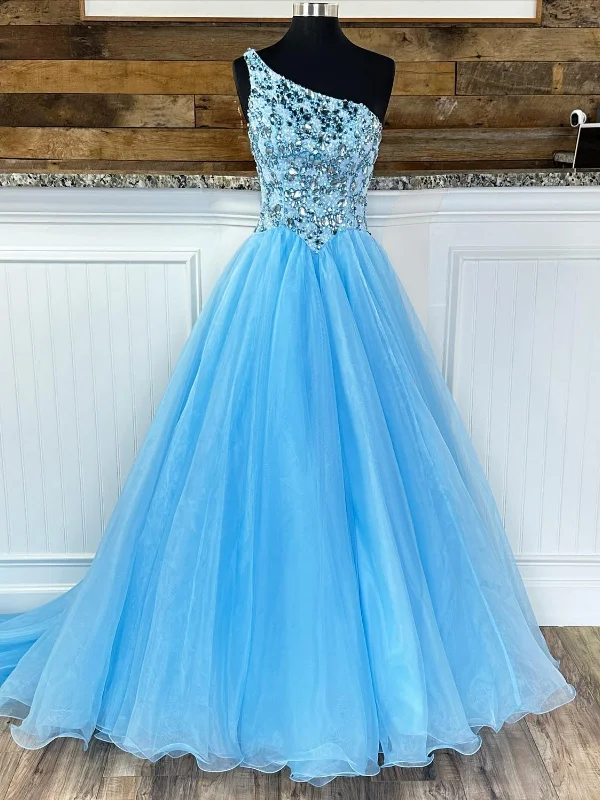 Limited Time Offers Gorgeous One Shoulder Beaded Blue Long Prom Dresses, Beaded Blue Formal Evening Dresses, Ball Gown SP2548