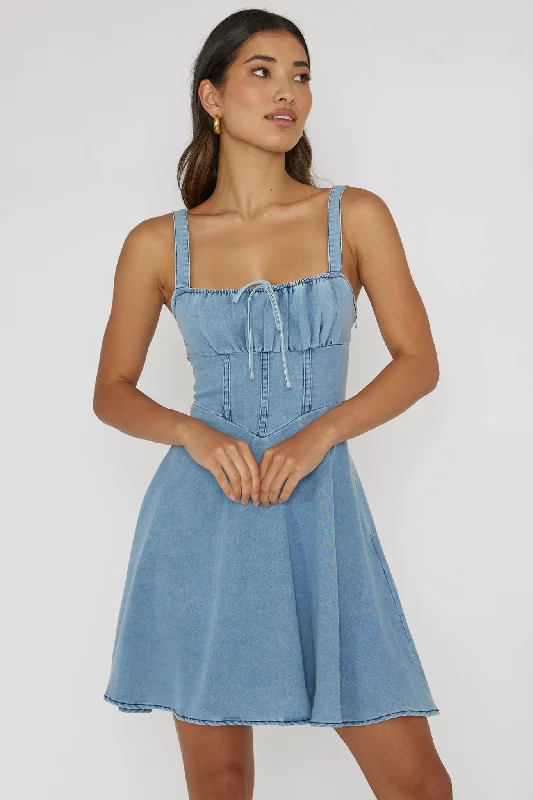 Chic And Comfortable Sweet Pea Tied Bust Mini Dress Denim Blue