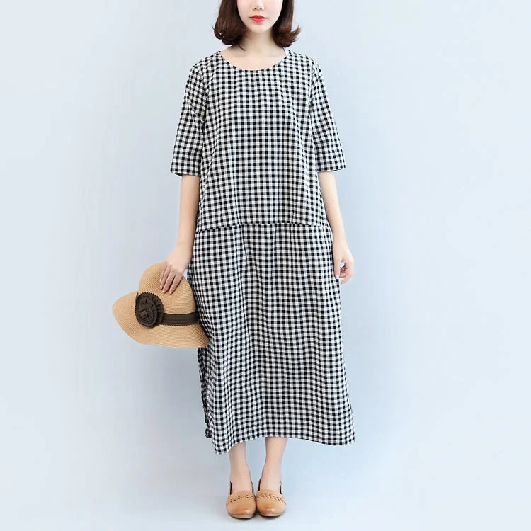 Modern Romance 2024 black white plaid cotton dresses baggy loose half sleeve maxi dress side open