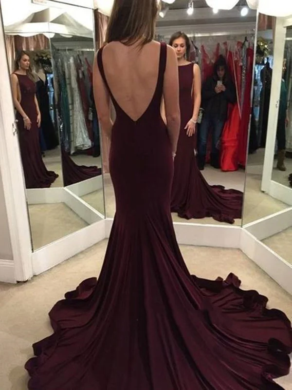 Seasonal Clearance Round Neck Mermaid Backless Maroon Prom Dress, Mermaid Prom Gown, Maroon Formal Dress