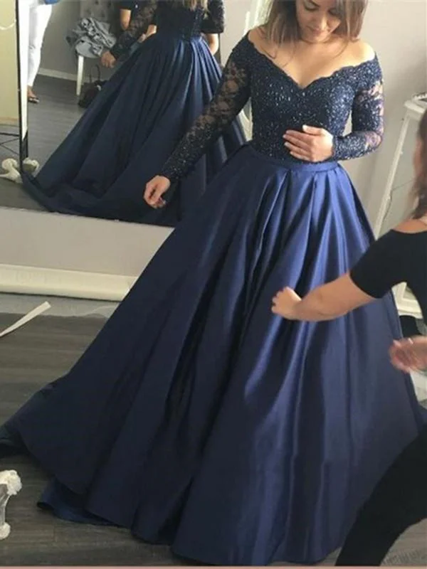 Athleisure Wear Special Offer Custom Made Dark Blue Long Sleeves Lace Prom Gown, Navy Blue Prom Dress, Formal Dress