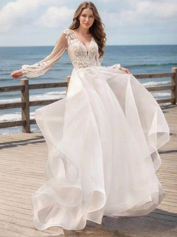 Limited Time Offer Ball Gown V-Neck Long Sleeves Lace Wedding Dresses