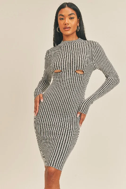 Latest Fashion Long Sleeve Stripe Print Midi Dress