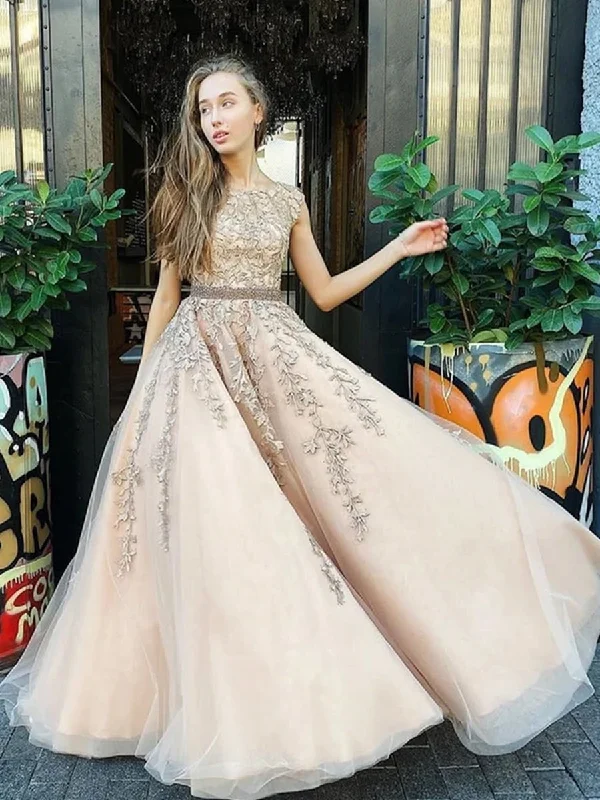 Chic And Trendy Custom Made Cap Sleeves Champagne Lace Long Prom Dresses, Cap Sleeves Champagne Lace Formal Dresses, Champagne Lace Evening Dresses, Champagne Ball Gown