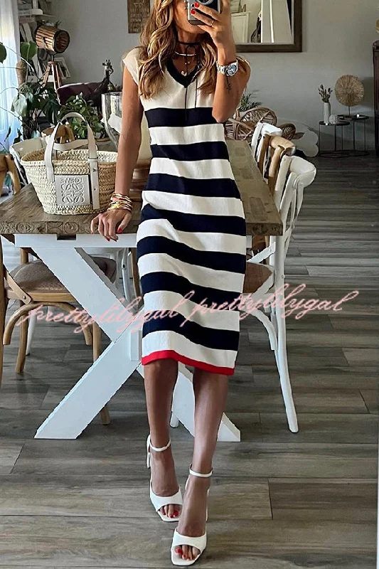 Imeless Style Cutest In The Room Striped V-neck Loose Slit Midi Dress