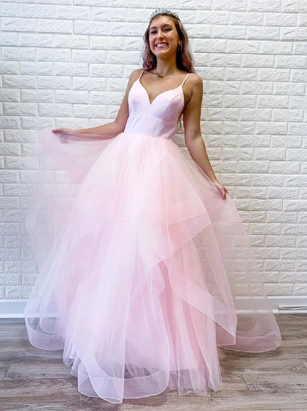 Big Discounts Princess V Neck Long Pink/Light Blue Prom Dresses, Puffy Pink/Light Blue Formal Evening Dresses, Light Blue Party Dresses, Pink Ball Gown