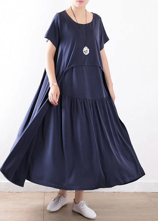 Polished Finish Beautiful patchwork Extra large hem silk clothes Fitted Neckline dull blue Maxi Dresses Summer