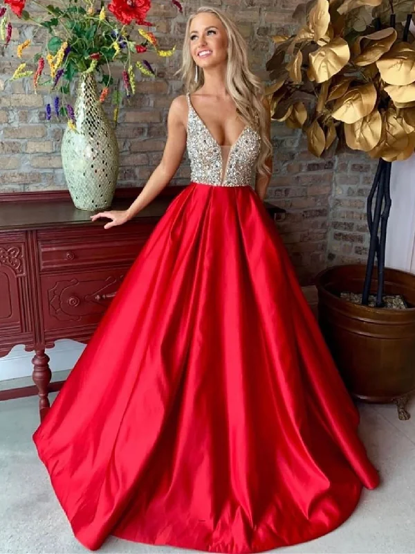 Budget Friendly Fashion V Neck Red Long Prom Dresses 2020 with Silver Sequins, V Neck Red Formal Dresses, Red Evening Dresses, Ball Gown