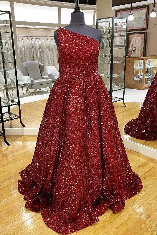 Now On Sale For Chic Urban Styles Wine Red Sequin One-Shoulder Ball Gown