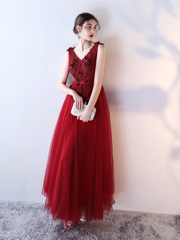 Mother's Day Special A Line V Neck Lace Burgundy Prom Dress, Burgundy Lace Prom Gown, Lace Evening Dress